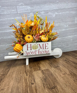Fall Harvest Table Arrangement, Fall Wheelbarrow, Home Sweet Home Fall Decor, Pu